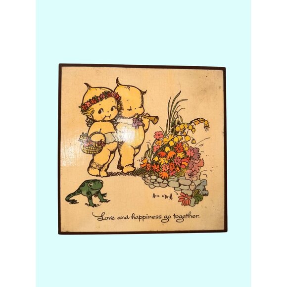 Vintage Wooden Trinket Box With Kewpie Art By Ann OMull Featuring Floral & Frog - Picture 1 of 11